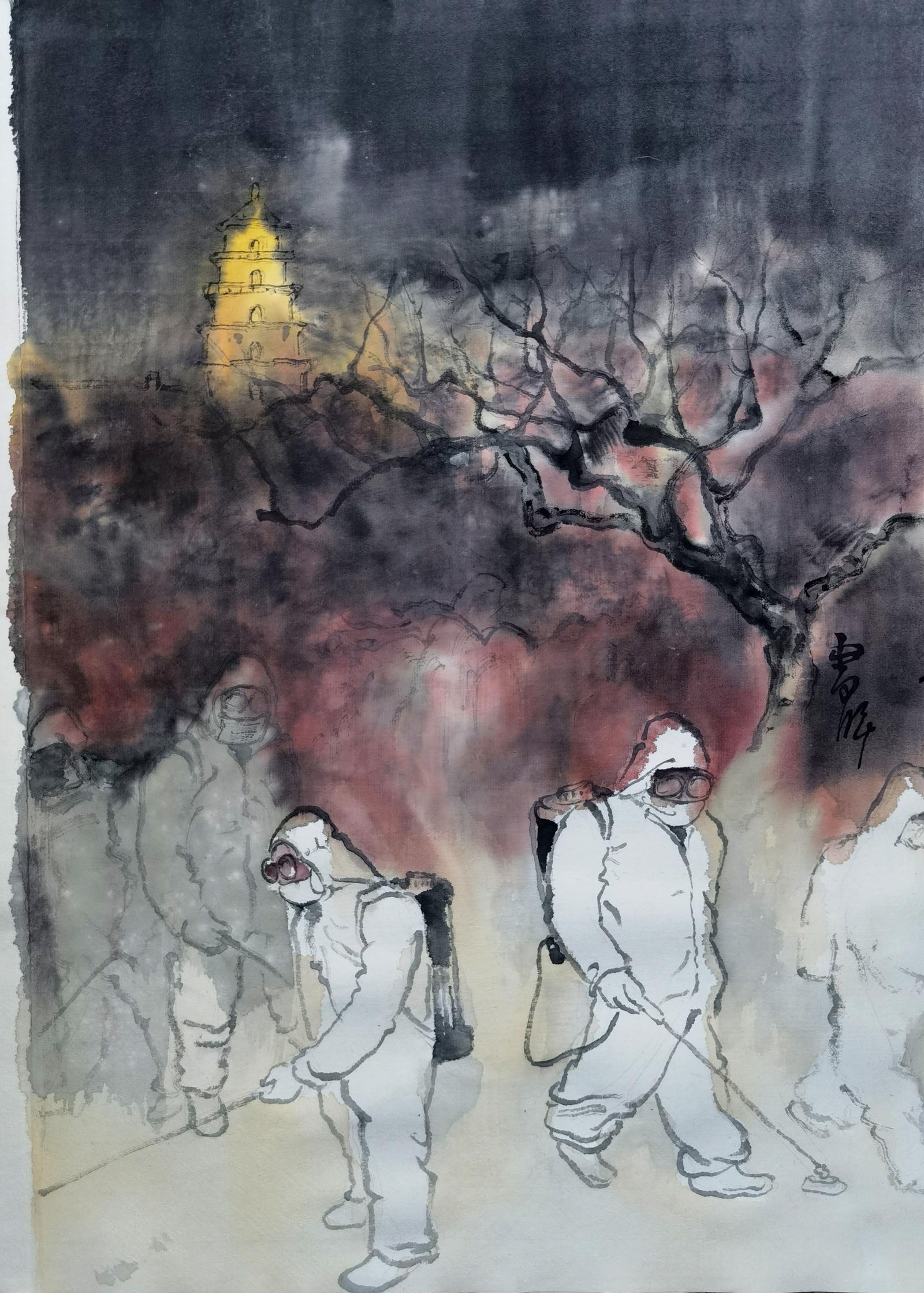 西安美术学院院长朱尽晖中国画《万众一心》以艺抗疫