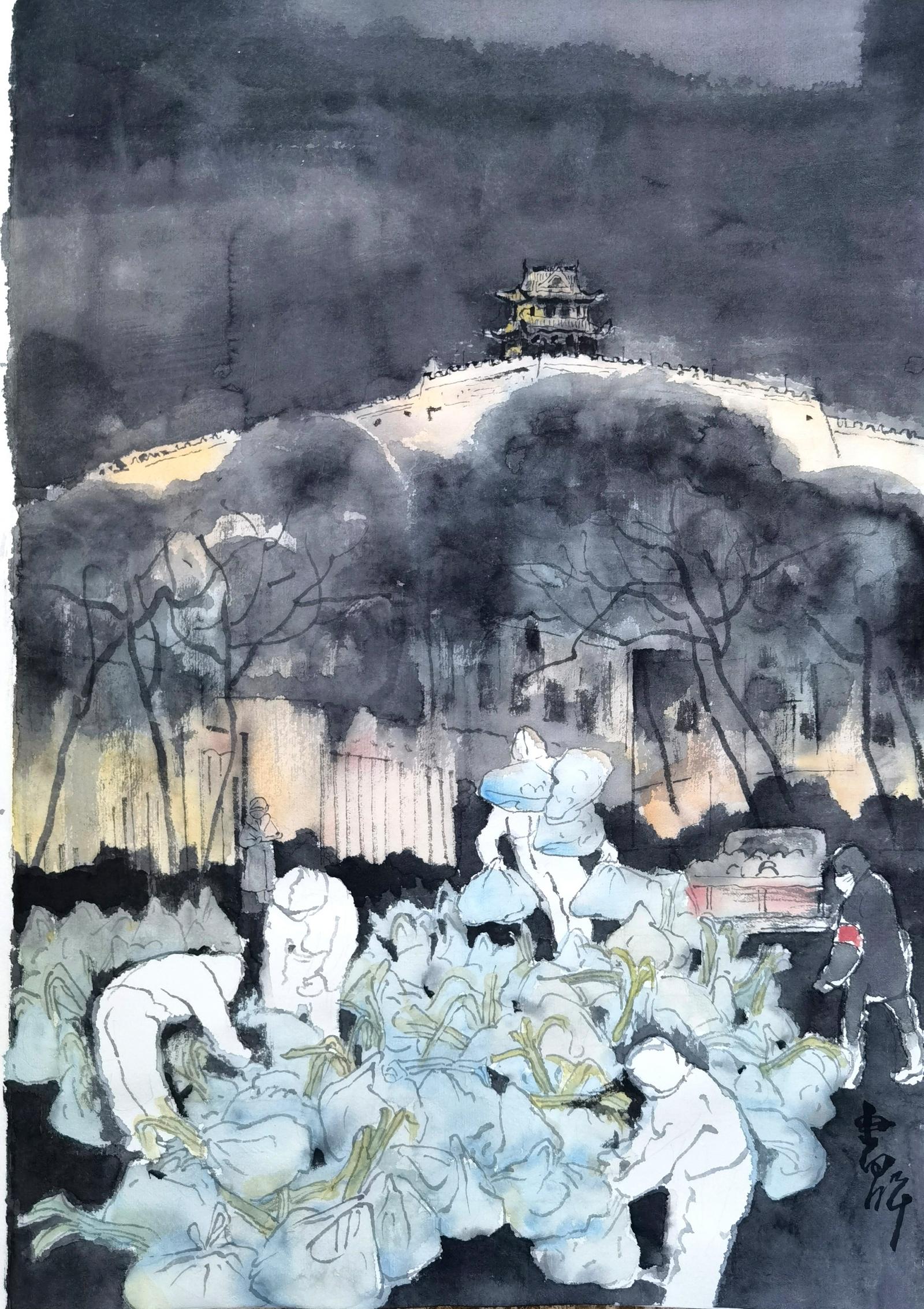 西安美术学院院长朱尽晖中国画《万众一心》以艺抗疫
